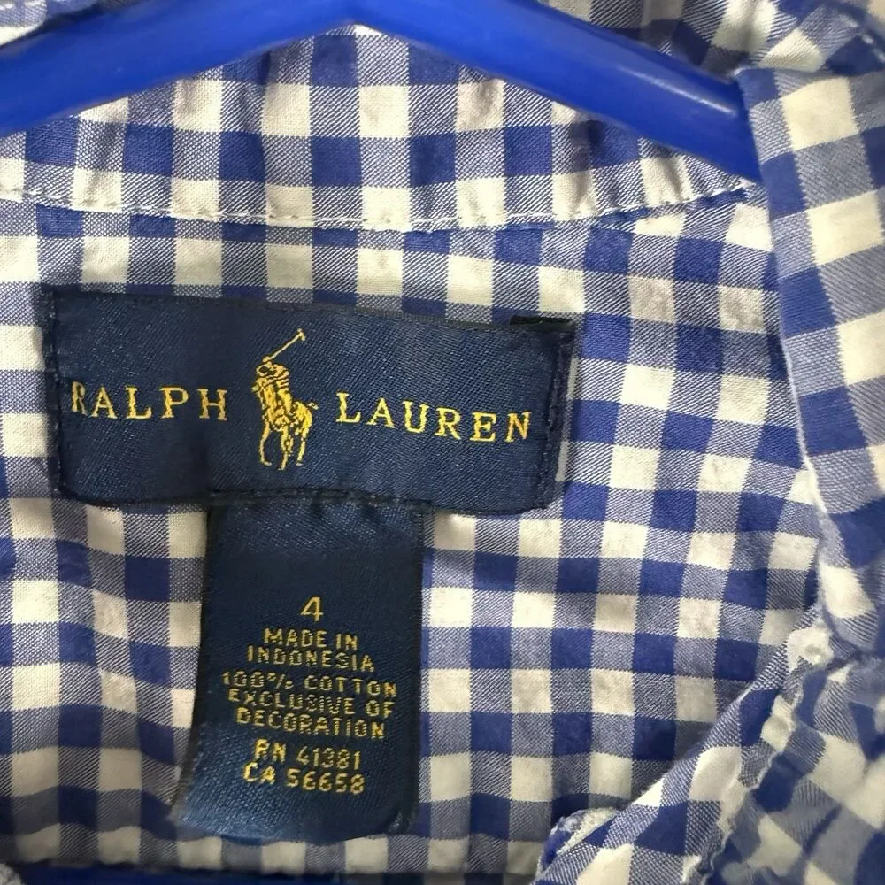Ralph Lauren Dress Shirt Boys 4 Blue White Plaid Long Sleeve Collared Button Up